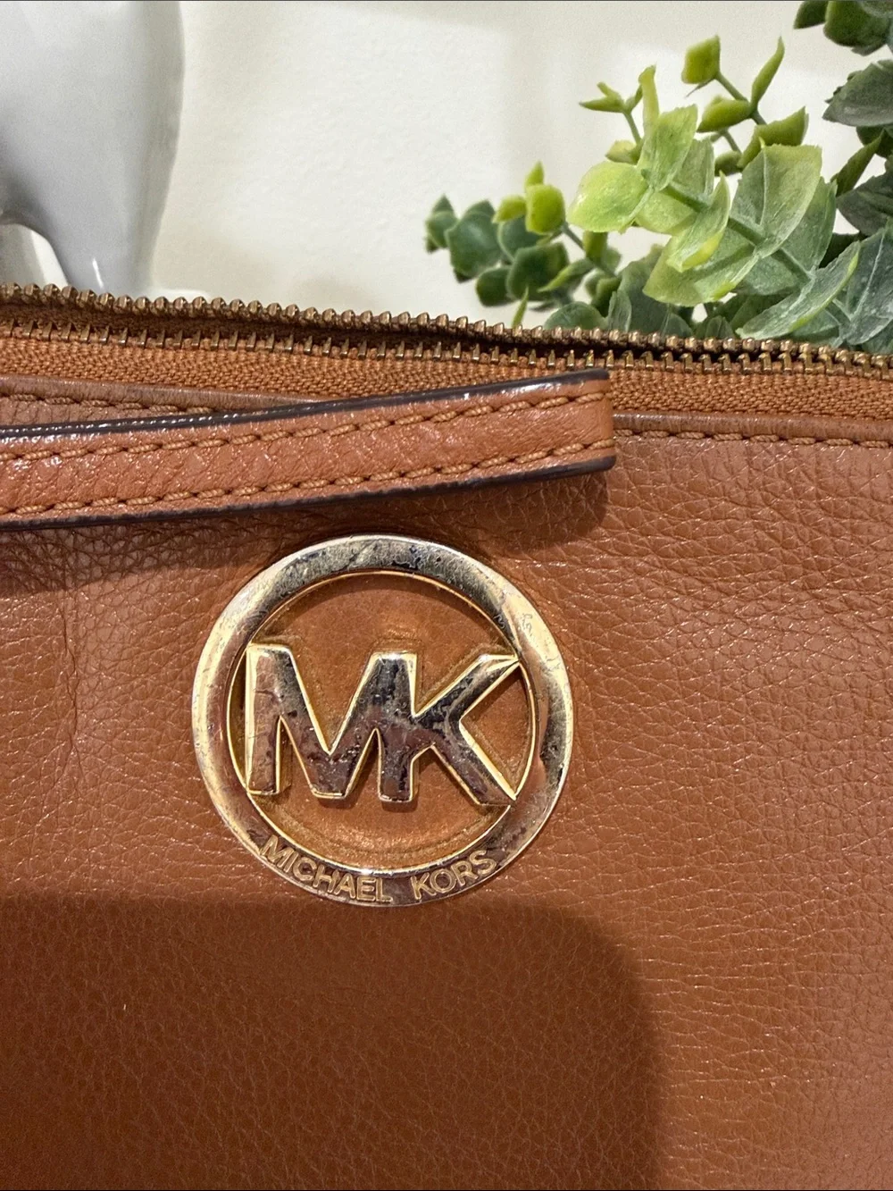 Michael Kors Cognac Leather Wristlet with Gold MK Emblem